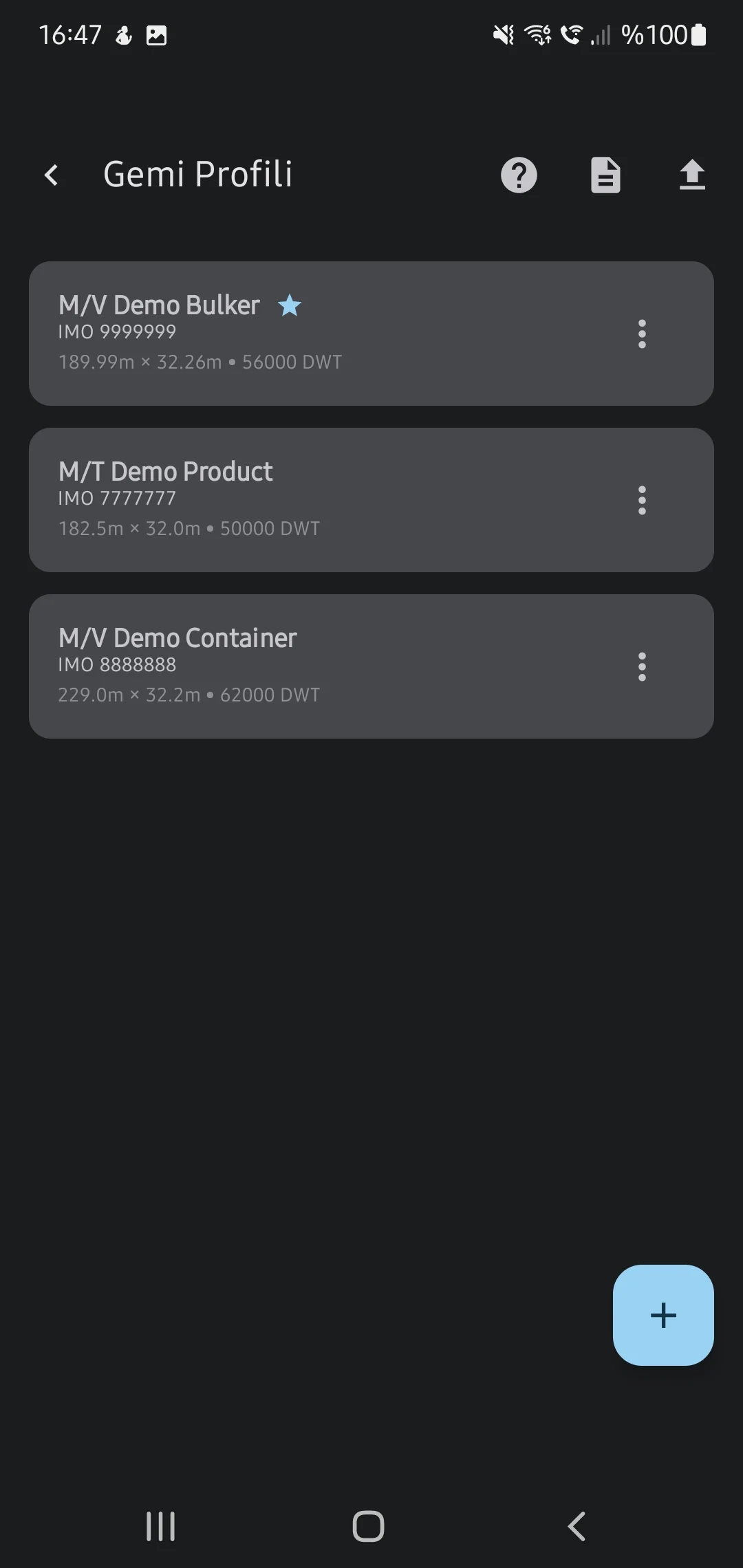 CaptainCalc uygulama ekran görüntüsü - Vessel Profile List