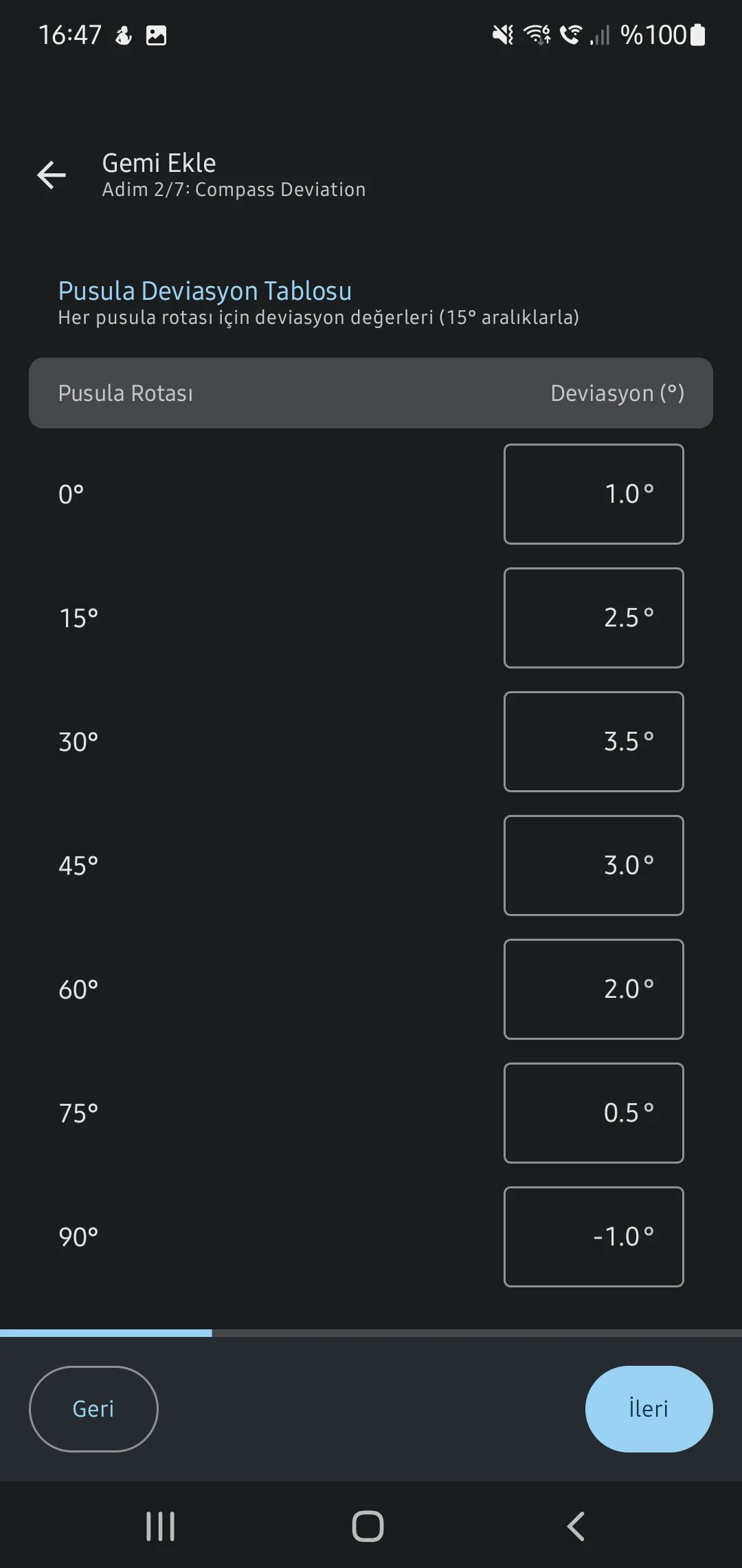 CaptainCalc uygulama ekran görüntüsü - Compass Deviation input