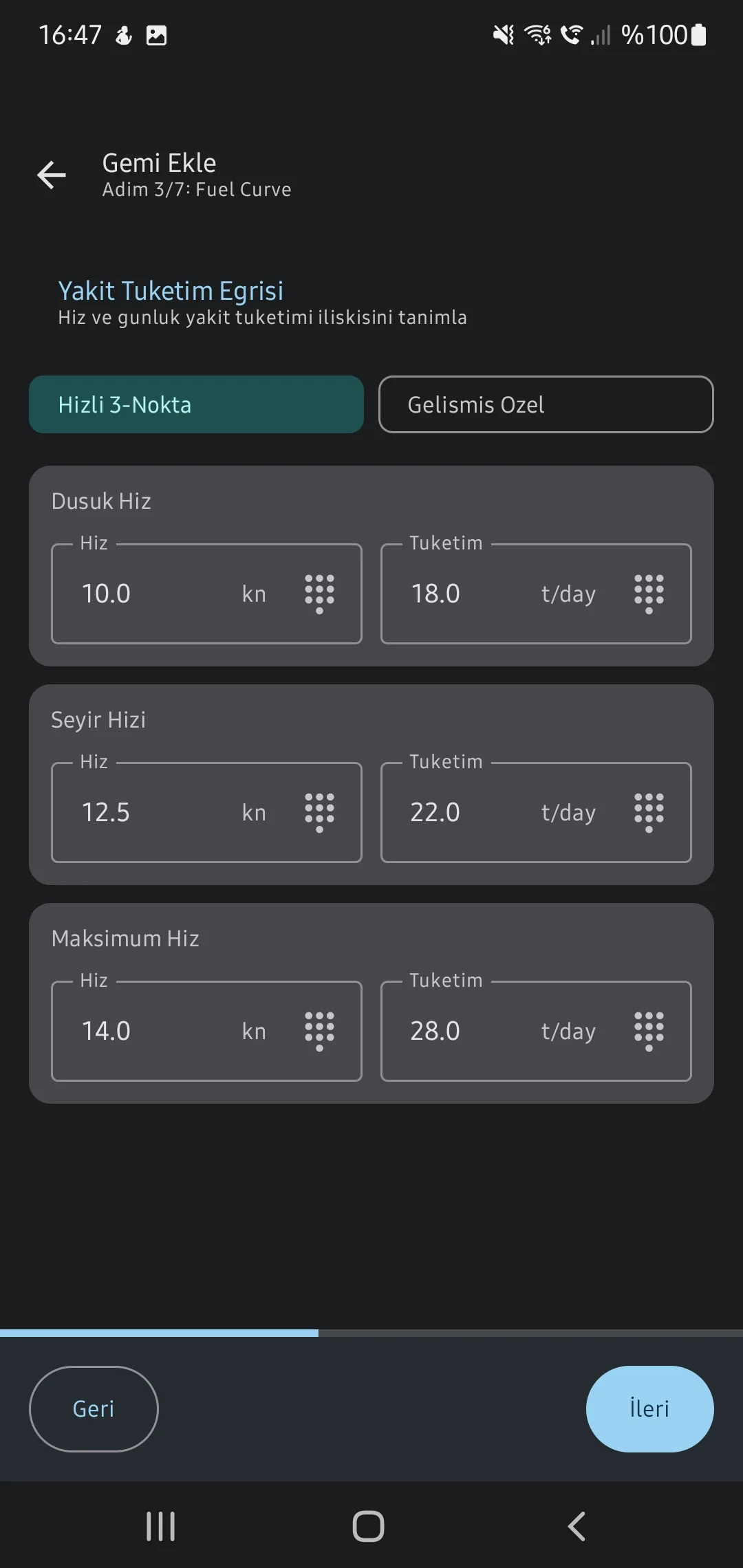 CaptainCalc uygulama ekran görüntüsü - Fuel Cons Curve Setup