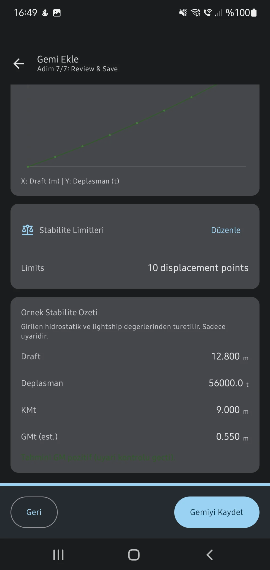 CaptainCalc uygulama ekran görüntüsü - Saved Vessel Detail