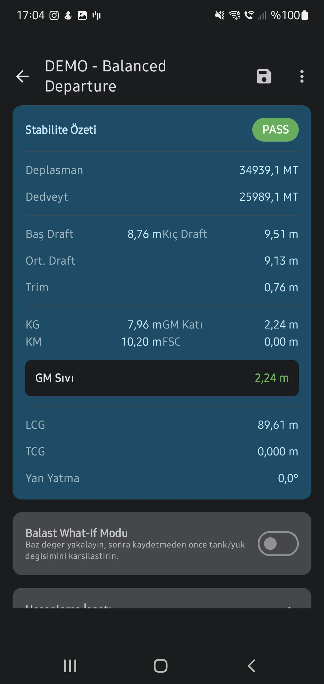CaptainCalc uygulama ekran görüntüsü - Stability Status Form