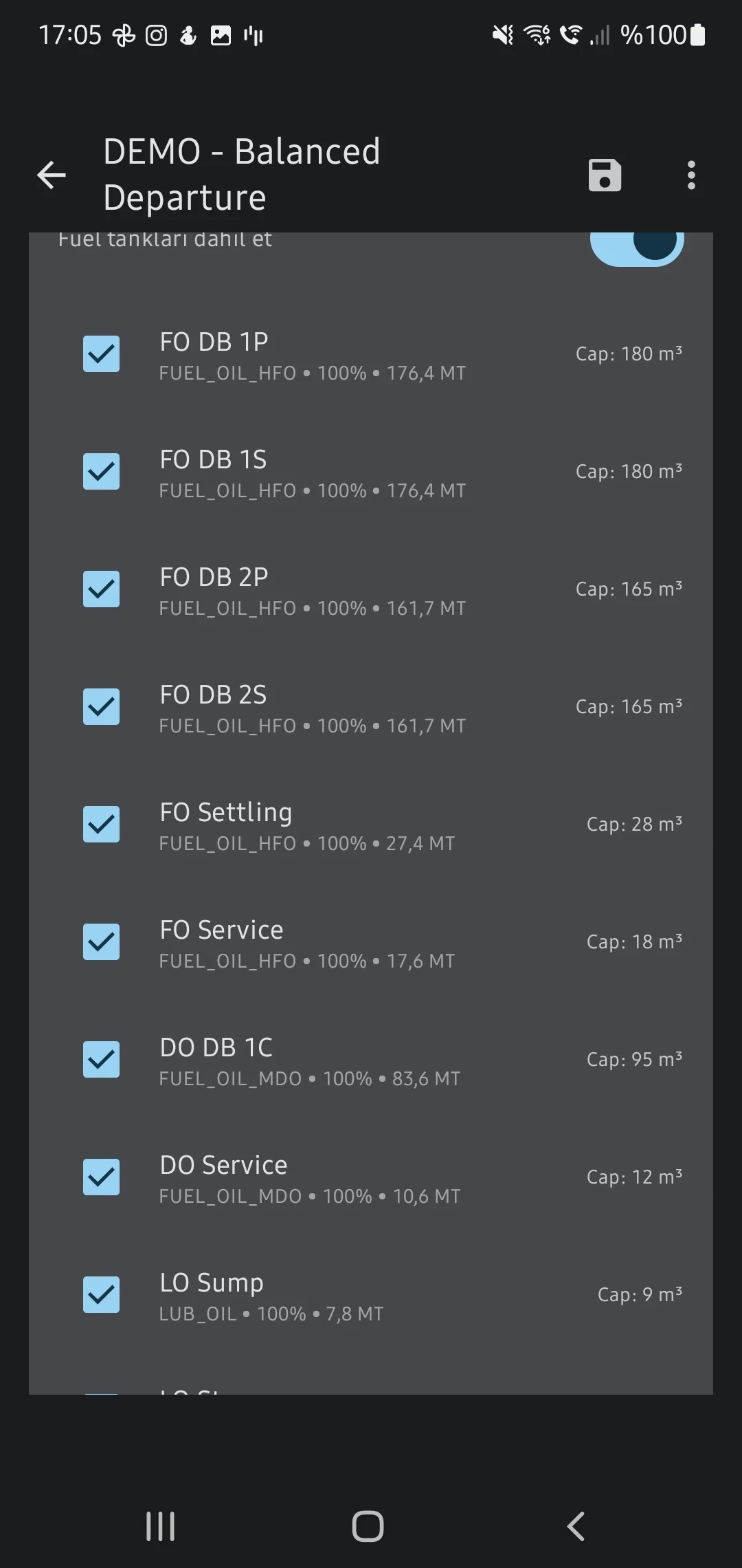 CaptainCalc uygulama ekran görüntüsü - Tank Content Overview