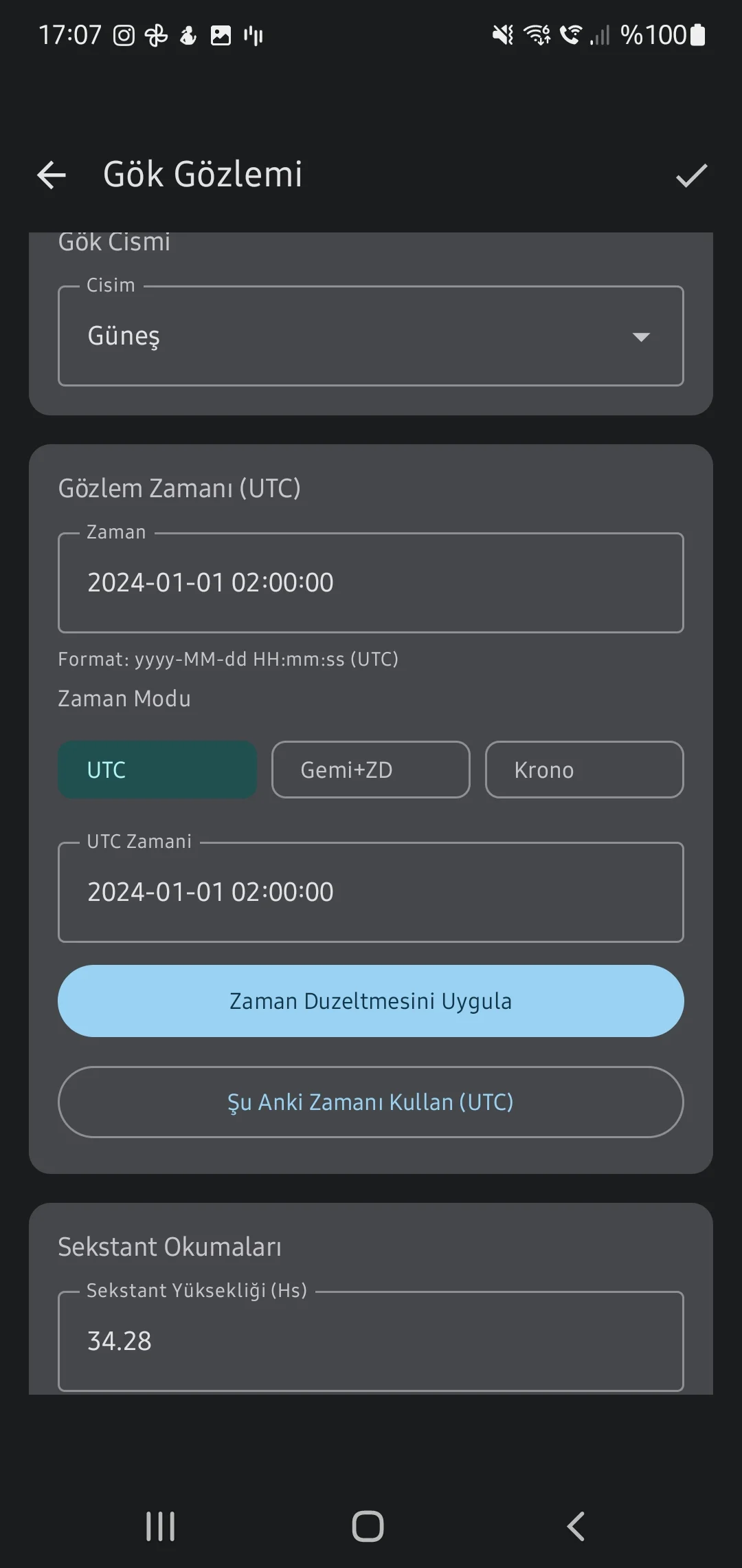 CaptainCalc uygulama ekran görüntüsü - Sextant Altitude Input