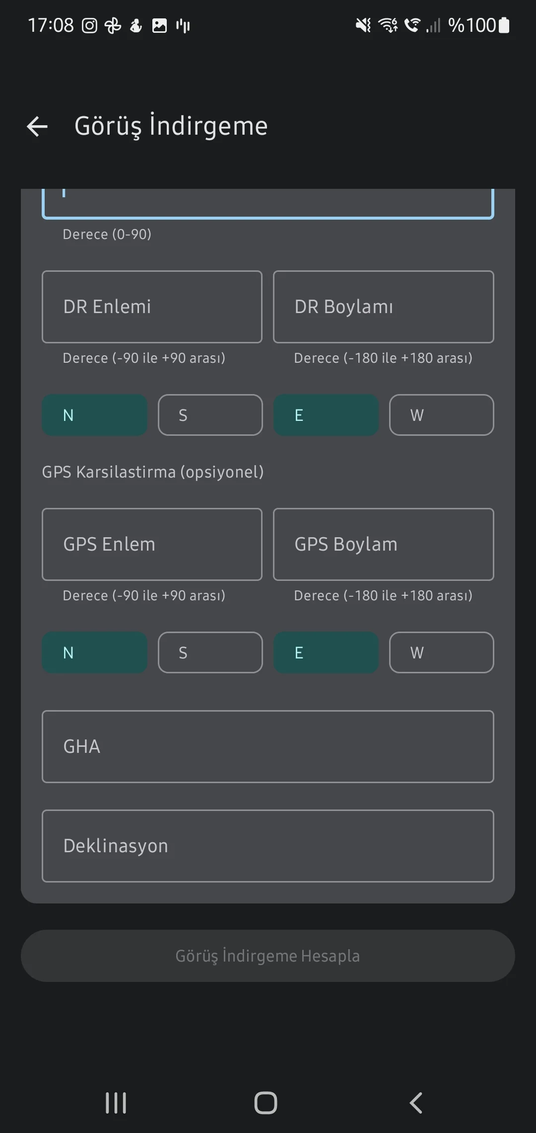 CaptainCalc uygulama ekran görüntüsü - GHA and Declination