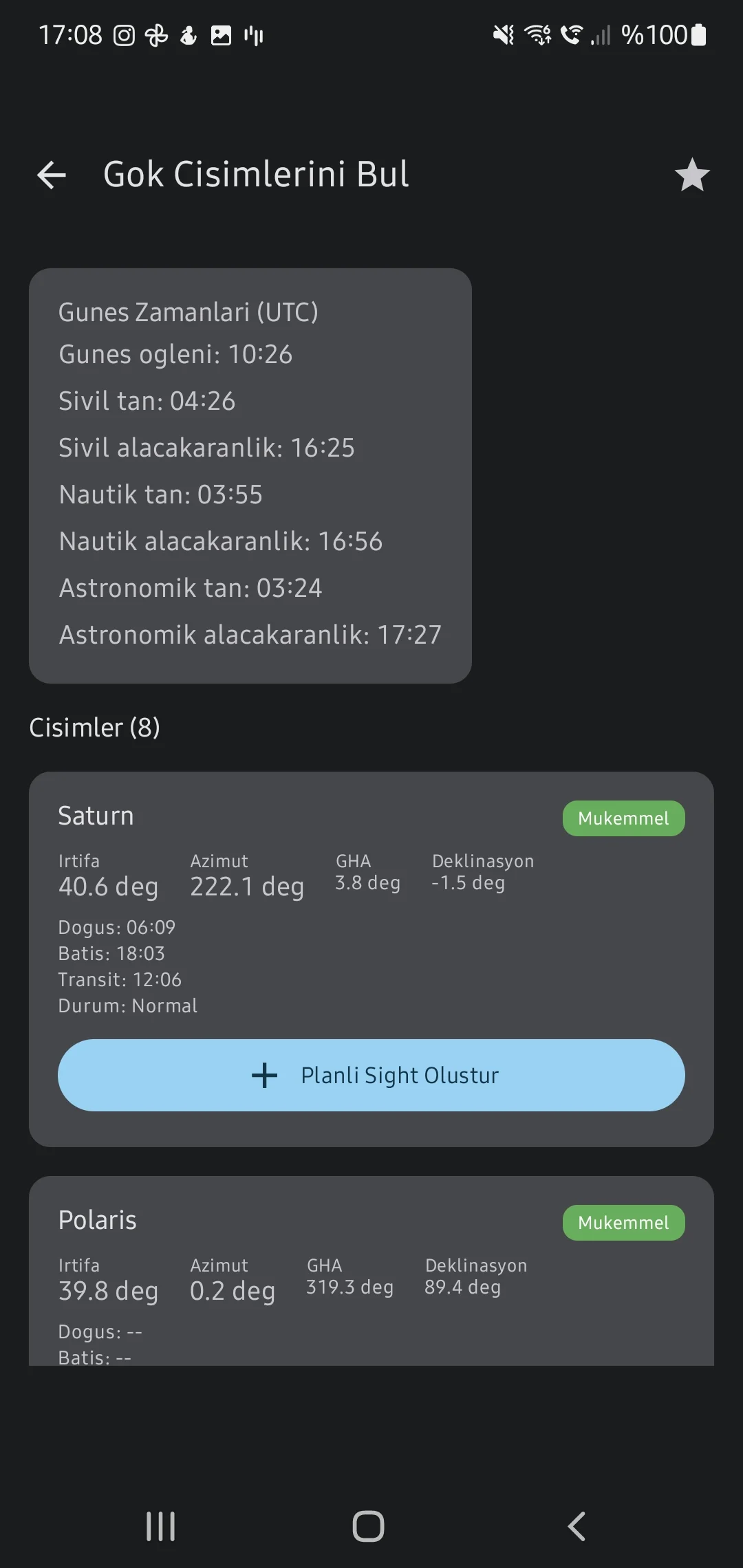 CaptainCalc uygulama ekran görüntüsü - Sun Sights Log