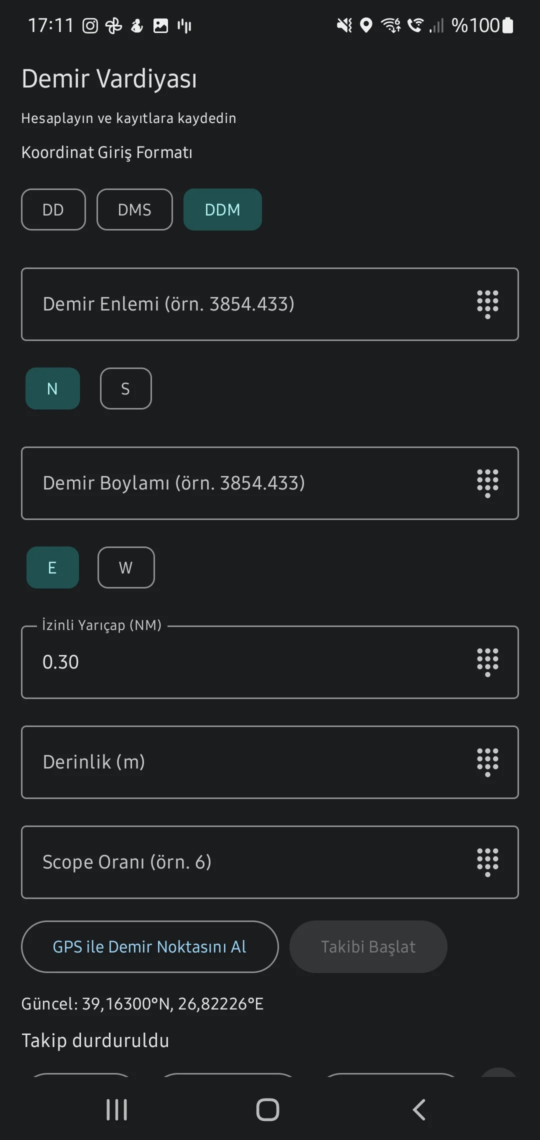 CaptainCalc uygulama ekran görüntüsü - Anchor Watch Setup
