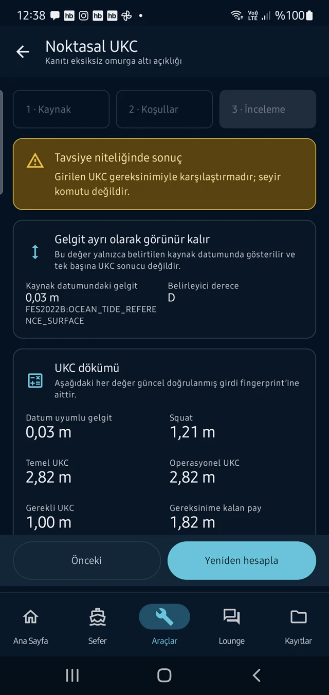Gelgit, squat ve emniyet payını gösteren CaptainCalc Profesyonel Gelgit noktasal UKC sonucu